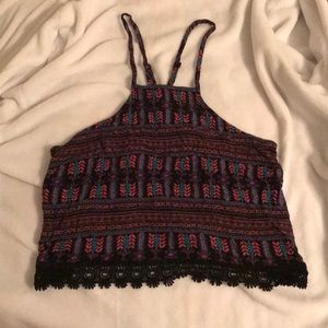 Open back flowy crop top with black lace details